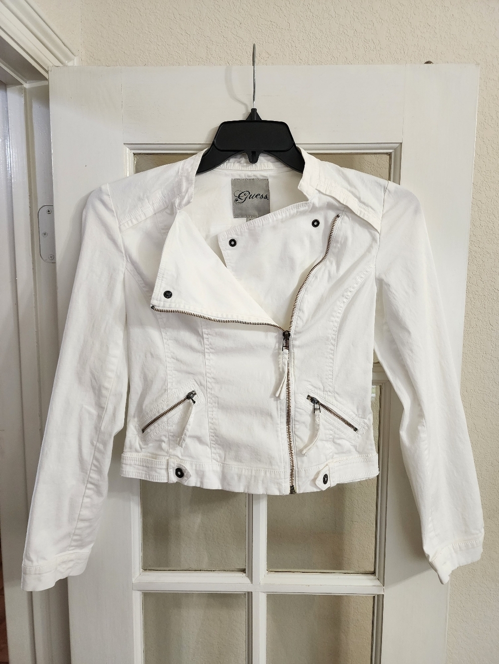 Guess White Cropped Moto Jacket Asym Zip Cotton Stretch Small